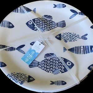 NEW Sigrid Olsen Fish Pattern White & Blue Melamine 10.5" Dinner Plates 4pcs Set